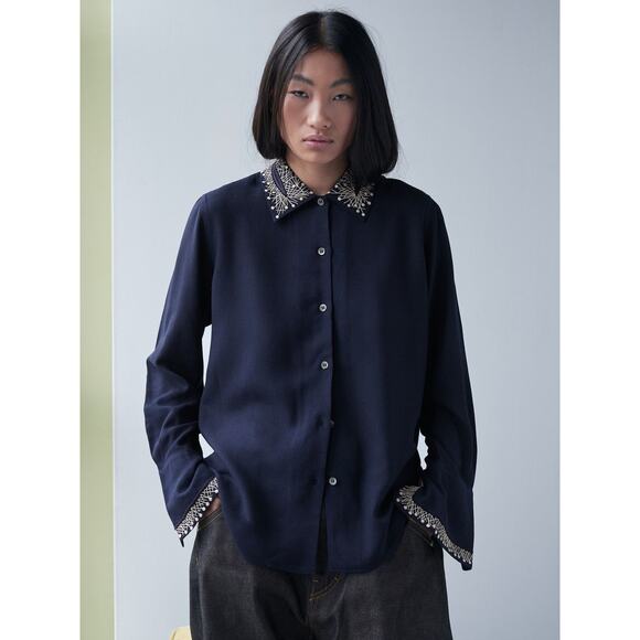 Jupe by Jackie Quinn Linen Shirt Embroidered Navy - S - Picture 1 of 8